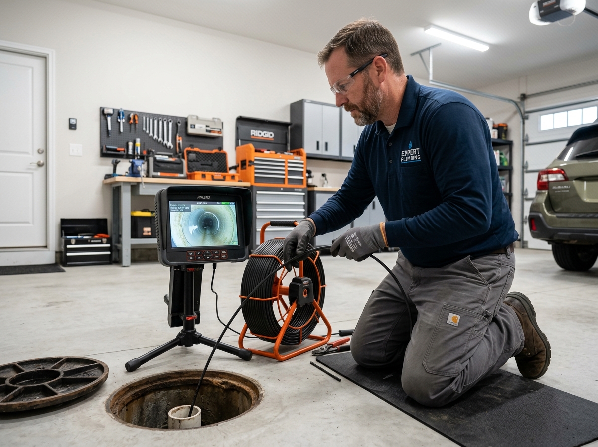 Plumbing specialist utilizing professional motorized drain clearing machine