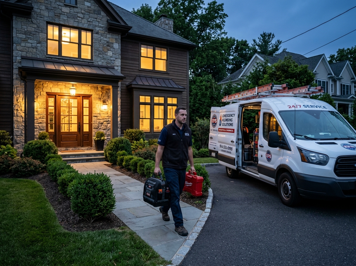Rooter Plumbing service van dispatched for residential emergency repair at dusk