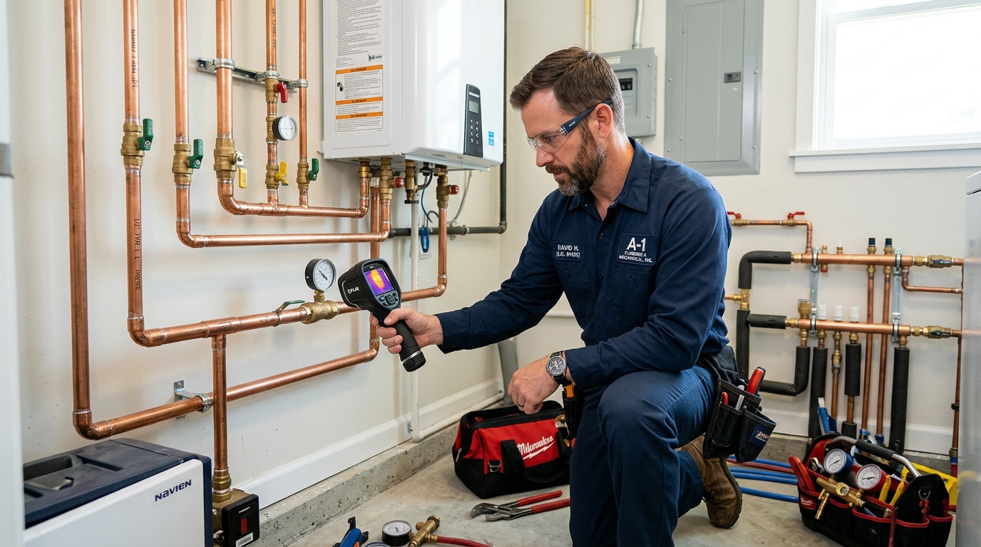 Licensed plumbing technician conducting diagnostic pipe inspection on residential copper water lines