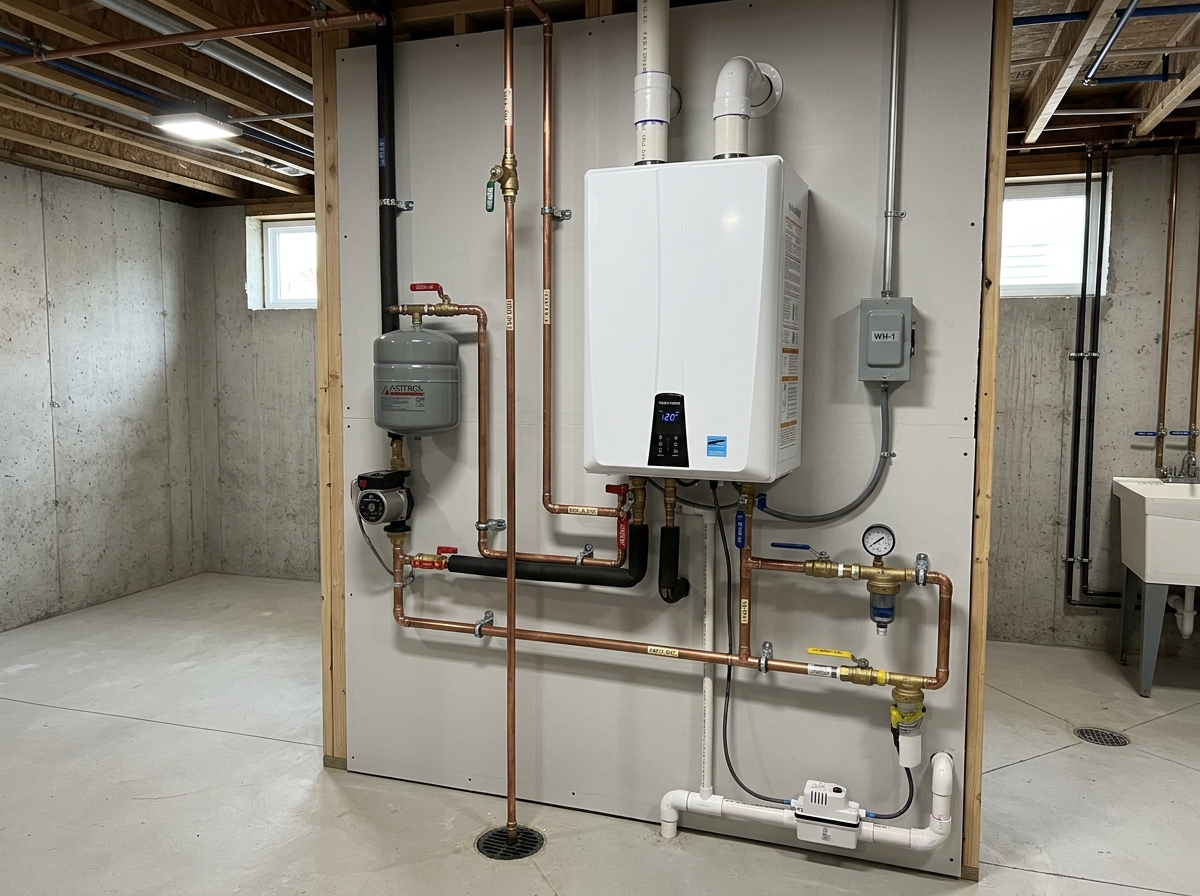 Modern tankless water heater installation with clean copper piping and safety relief valve