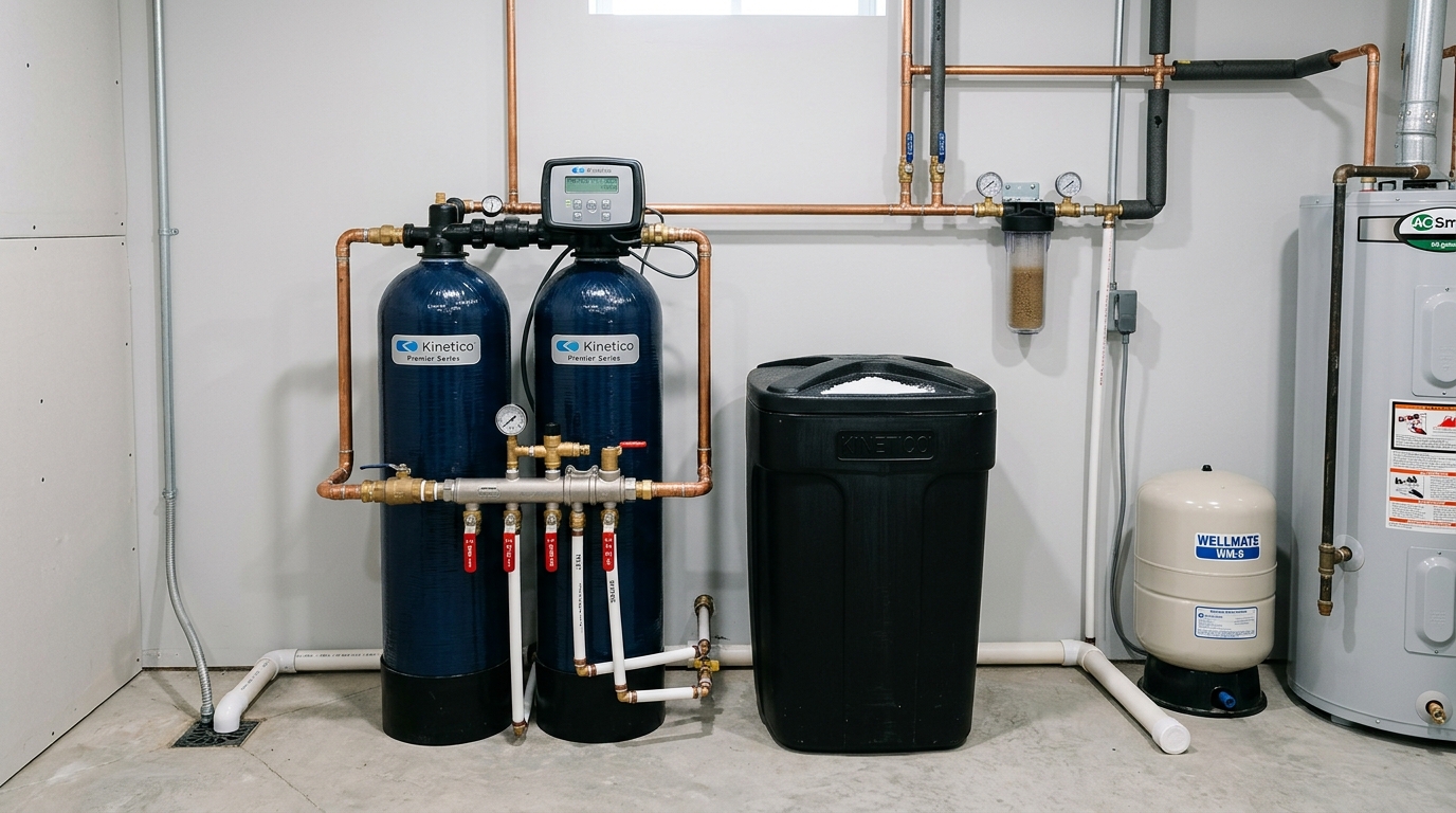 Professional dual-tank water softener and filtration system in residential utility room
